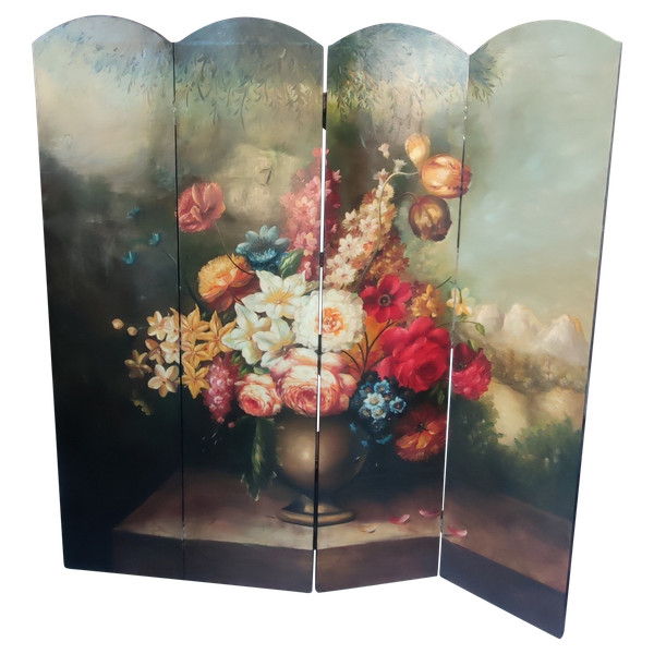 Ancien paravent  Décor Peinture à L Huile Bouquet De Fleurs Nature Morte  4 pans