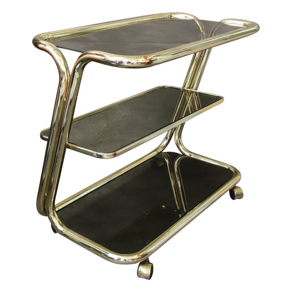 Desserte roulante design Italie métal doré verre fumé