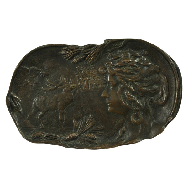 Vide poche aus Bronze mit brauner Patina 'Diane chasseesse et cerf' um 1900 Jugendstil