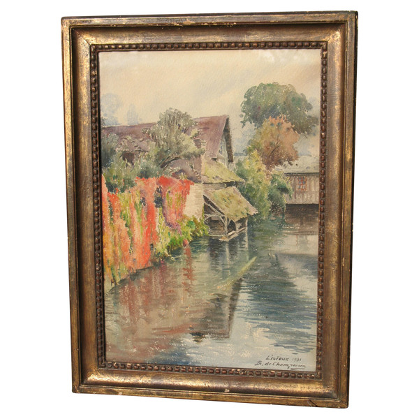 Lisieux Vue de la Touques watercolor by Bertrand de Champeaux signed and dated 1931