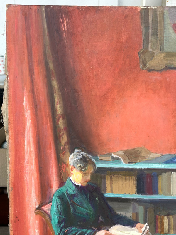 Mèryem Cardot XXéme Olio su tela - Scena d'interno - Donna che legge 1940 circa