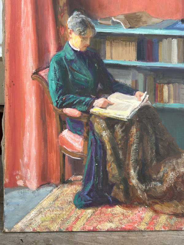 Mèryem Cardot XXéme Olio su tela - Scena d'interno - Donna che legge 1940 circa