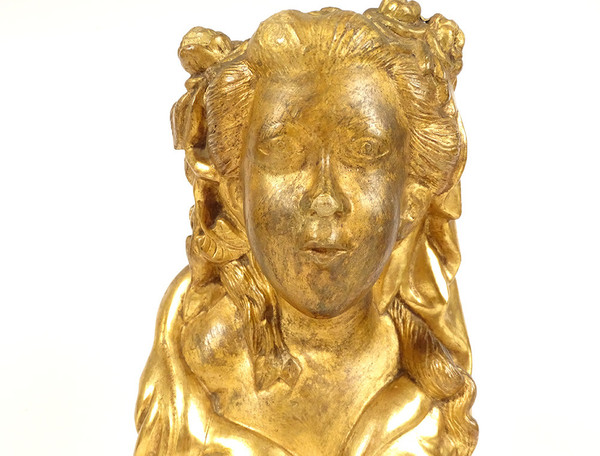 Sculpture Buste Jeune Femme Fleurs Bois Sculpté Doré Chinoiserie XVIIIème