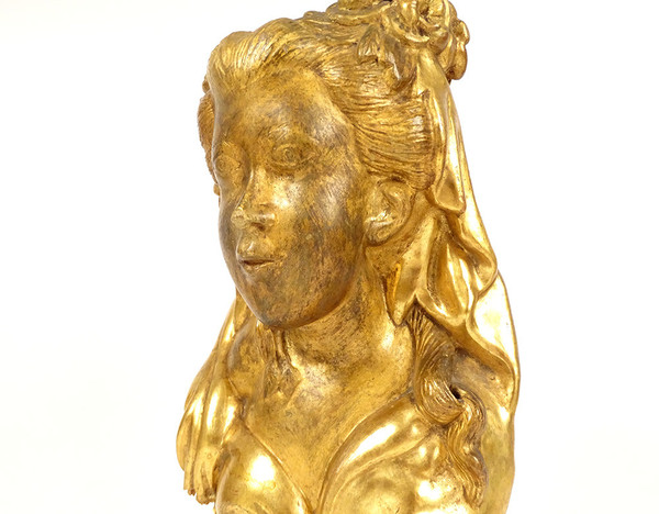 Sculpture Buste Jeune Femme Fleurs Bois Sculpté Doré Chinoiserie XVIIIème