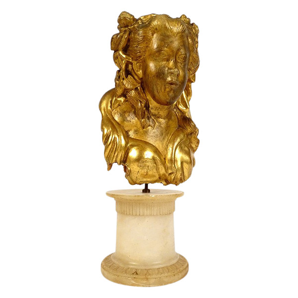 Sculpture Buste Jeune Femme Fleurs Bois Sculpté Doré Chinoiserie XVIIIème