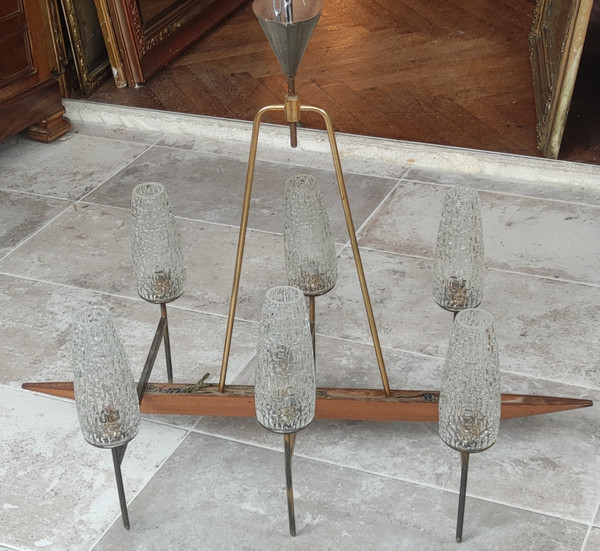 Grande lampadario a sospensione antico di design a 6 luci della ditta LUNEL,