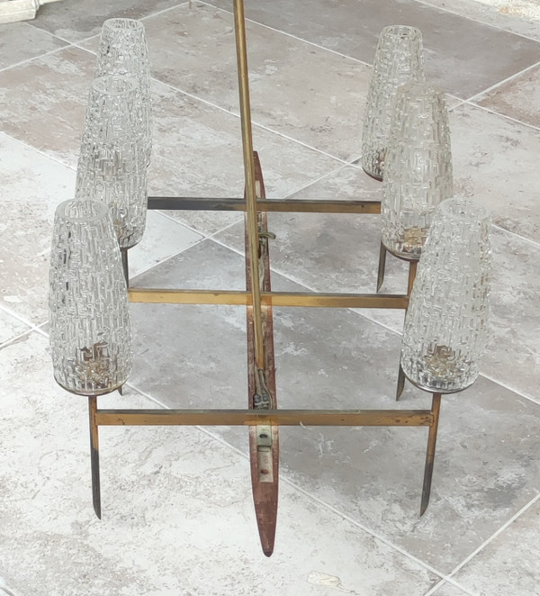 Grande lampadario a sospensione antico di design a 6 luci della ditta LUNEL,
