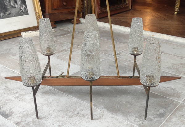 Grande lampadario a sospensione antico di design a 6 luci della ditta LUNEL,