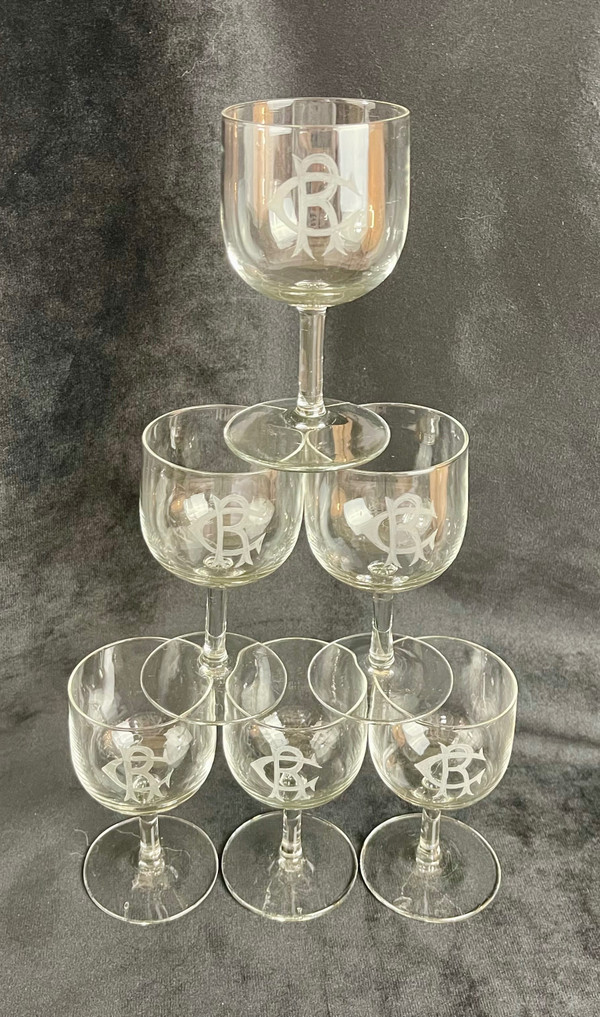 Set di 6 bicchieri da vino in cristallo bianco con monogramma "CR" - XIX secolo