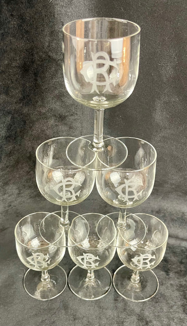 Set di 6 bicchieri da vino in cristallo bianco con monogramma "CR" - XIX secolo