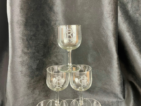 Set di 6 bicchieri da vino in cristallo bianco con monogramma "CR" - XIX secolo