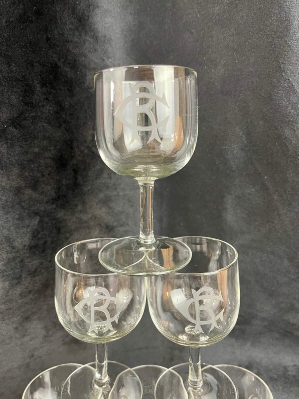 Set di 6 bicchieri da vino in cristallo bianco con monogramma "CR" - XIX secolo