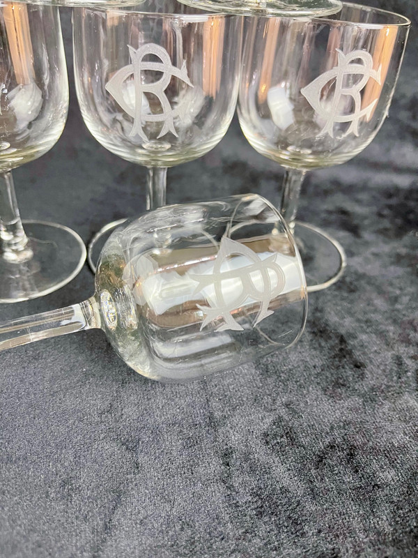 Set di 6 bicchieri da vino in cristallo bianco con monogramma "CR" - XIX secolo