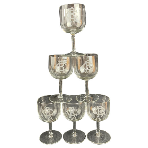 Set di 6 bicchieri da vino in cristallo bianco con monogramma "CR" - XIX secolo