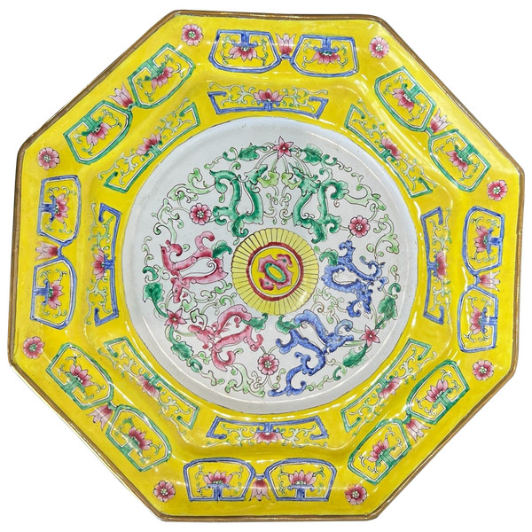 OCTOGONAL PLAT IN ENAMELLED COPPER " CANTON CHINOIS XIXe SIÉCLE " DINASTIE QING
