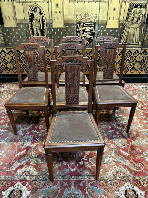 7 art deco walnut chairs