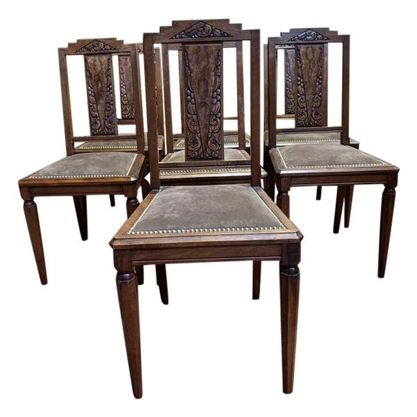 7 art deco walnut chairs