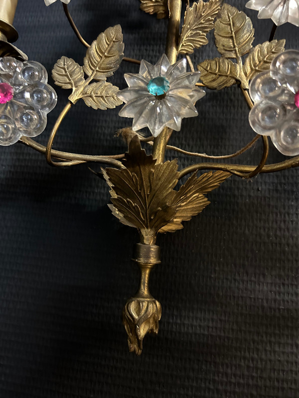Importante coppia di lampade da parete per chiesa o cappella in ottone dorato e vetro della fine del XIX secolo H 70 cm