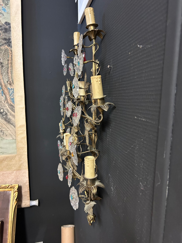Importante coppia di lampade da parete per chiesa o cappella in ottone dorato e vetro della fine del XIX secolo H 70 cm