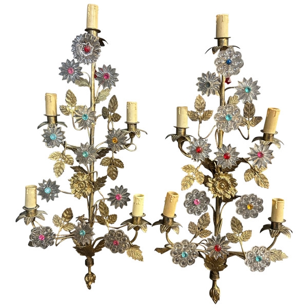 Importante coppia di lampade da parete per chiesa o cappella in ottone dorato e vetro della fine del XIX secolo H 70 cm