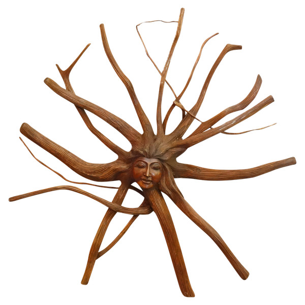Scultura di un volto femminile con capelli luminosi