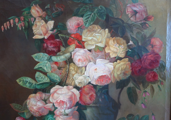 Blumenstrauß / Rosen, Stillleben - Lyoner Schule des 19. Jahrhunderts - 104cm x 76,5cm