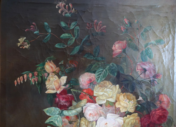 Blumenstrauß / Rosen, Stillleben - Lyoner Schule des 19. Jahrhunderts - 104cm x 76,5cm