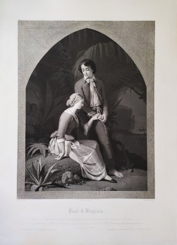 Etching Paul And Virginia Engraving By Eugène Jazet After Schopin 19th Century Old Print