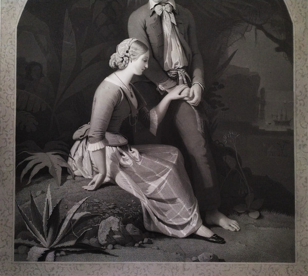 Etching Paul And Virginia Engraving By Eugène Jazet After Schopin 19th Century Old Print