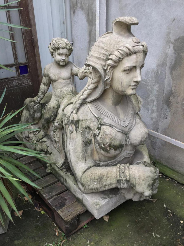 Pair of Sphinxes with Putti in Reconstituted Stone, Garden Statue
