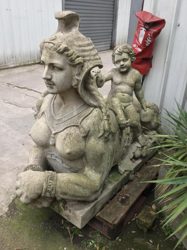 Pair of Sphinxes with Putti in Reconstituted Stone, Garden Statue