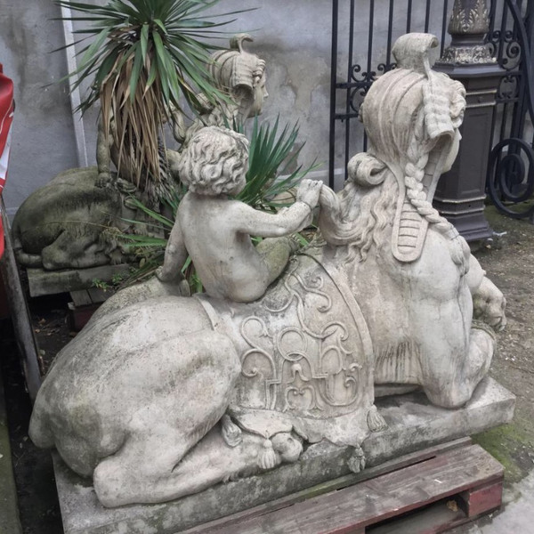 Pair of Sphinxes with Putti in Reconstituted Stone, Garden Statue