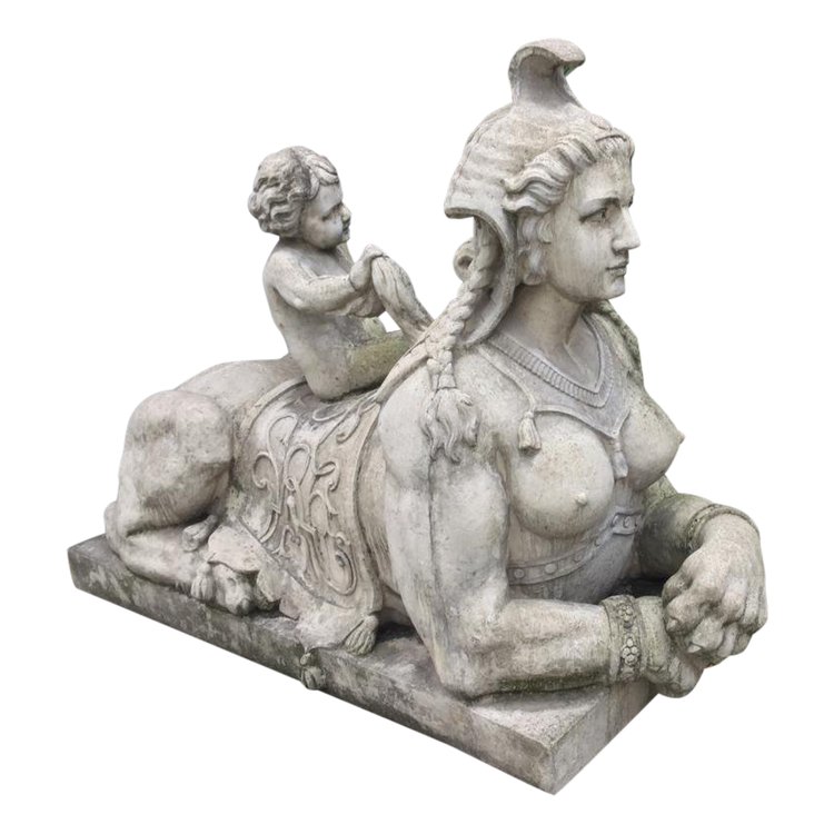 Pair of Sphinxes with Putti in Reconstituted Stone, Garden Statue