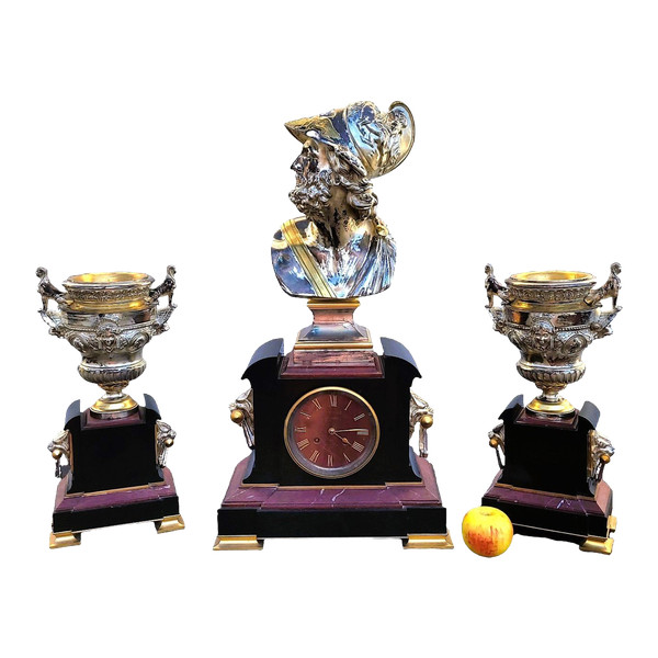 Antique Bronze Set, Pendulum And Urns, 19th Century