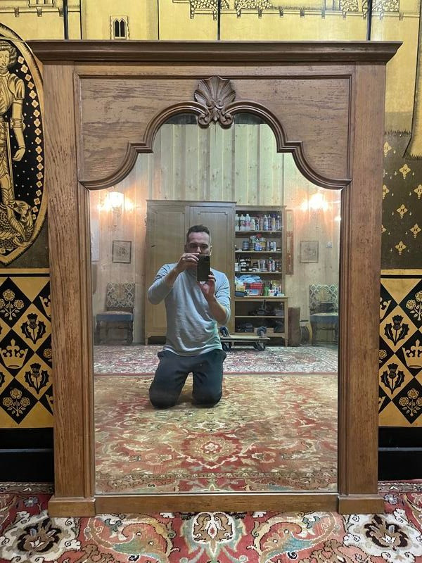 Solid oak trumeau mirror with shell