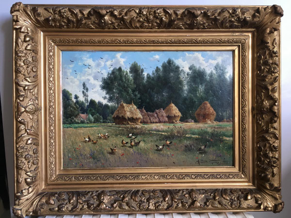 Armand Guery , Landschaft Auf dem Land, Mühlsteine, Hühner, Dorf Pontgivart, Reims, Marne, Champagne