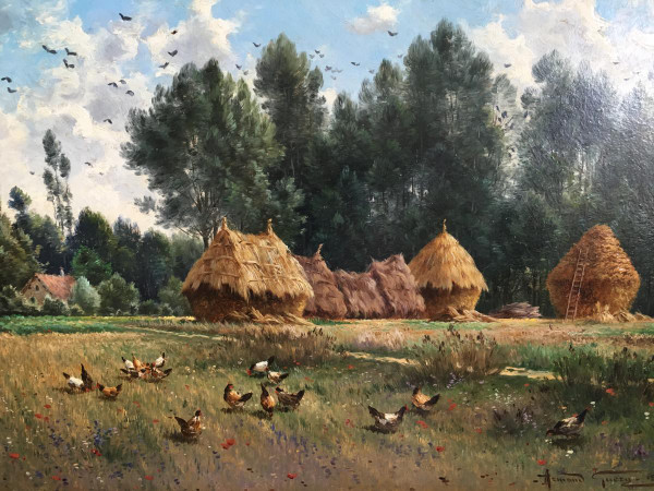 Armand Guery , Landschaft Auf dem Land, Mühlsteine, Hühner, Dorf Pontgivart, Reims, Marne, Champagne