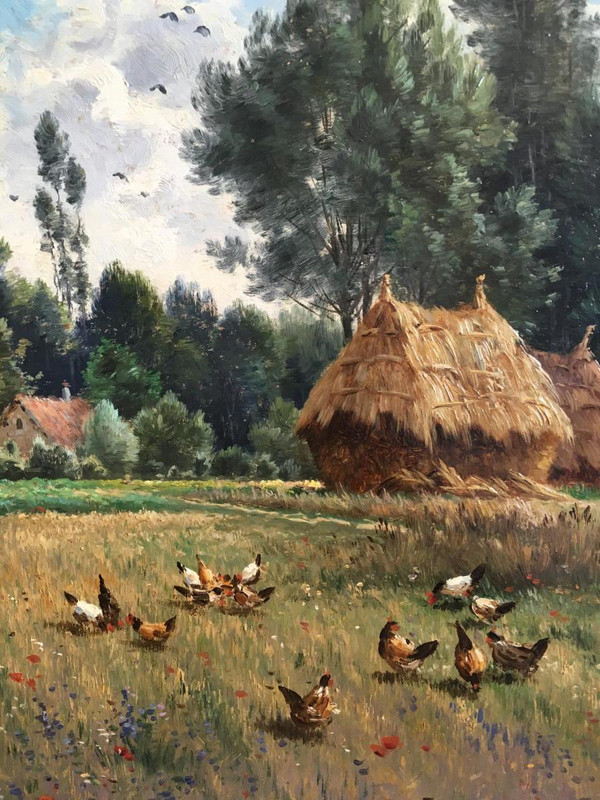 Armand Guery , Landschaft Auf dem Land, Mühlsteine, Hühner, Dorf Pontgivart, Reims, Marne, Champagne