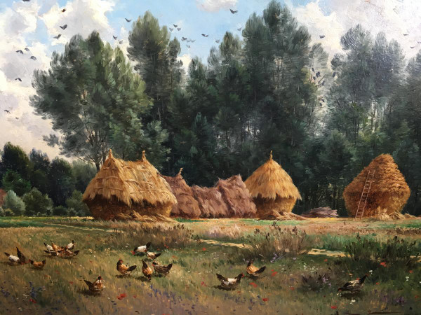 Armand Guery , Landschaft Auf dem Land, Mühlsteine, Hühner, Dorf Pontgivart, Reims, Marne, Champagne