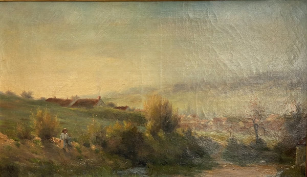 Ende des 19. Jahrhunderts, Fischer am Fluss, signiert Georges Lavaux, Goldener Rahmen