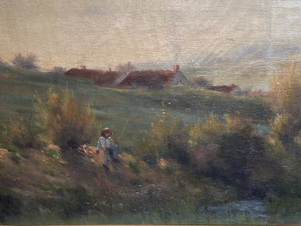 Ende des 19. Jahrhunderts, Fischer am Fluss, signiert Georges Lavaux, Goldener Rahmen