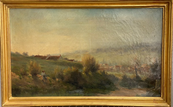 Ende des 19. Jahrhunderts, Fischer am Fluss, signiert Georges Lavaux, Goldener Rahmen