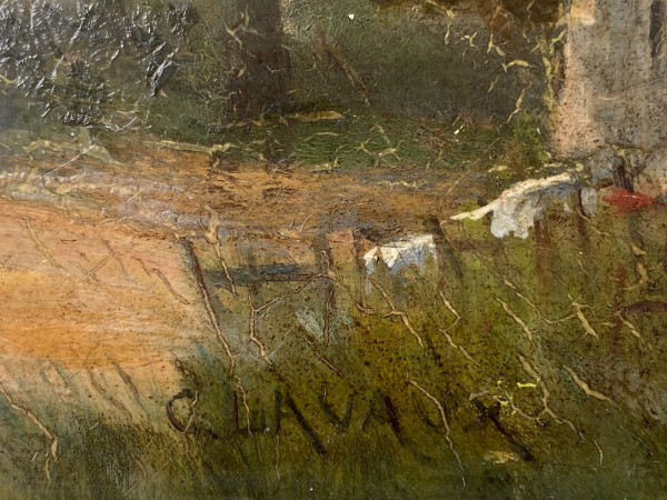 Ende des 19. Jahrhunderts, Fischer am Fluss, signiert Georges Lavaux, Goldener Rahmen