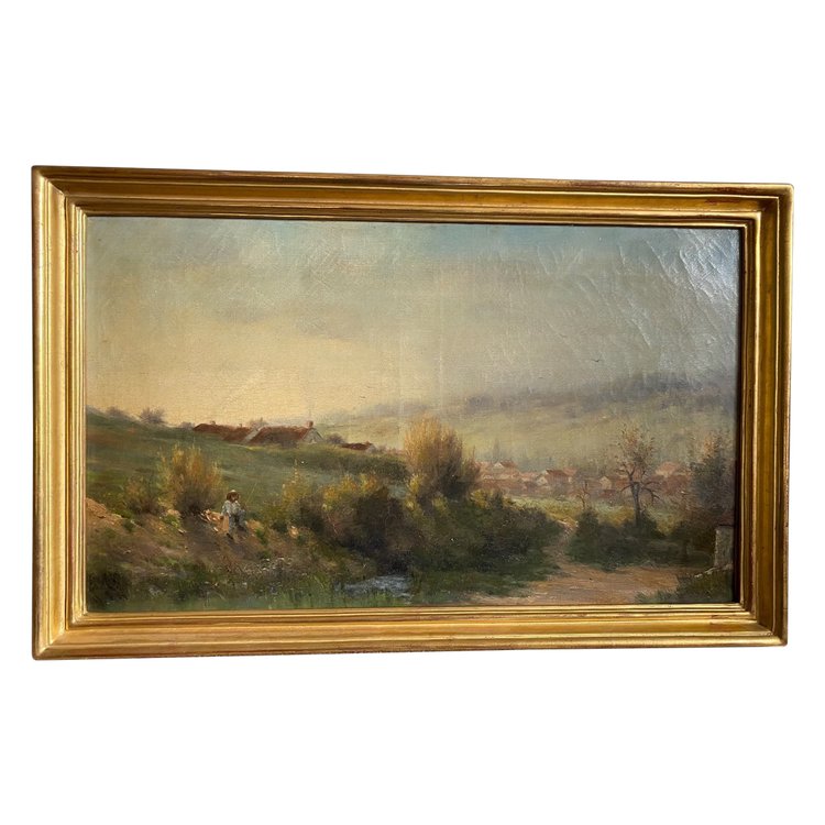 Ende des 19. Jahrhunderts, Fischer am Fluss, signiert Georges Lavaux, Goldener Rahmen