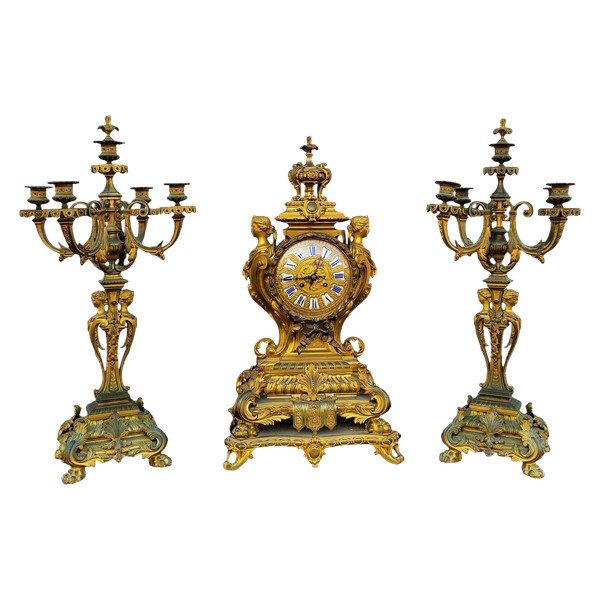 3 Piece Gilded Bronze Set, Napoleon III, 19th Century