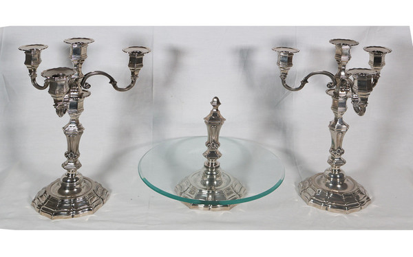 Pair of candlesticks with silver-plated metal centerpiece, early 20th century