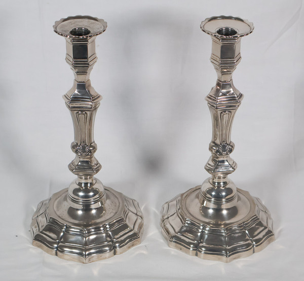 Pair of candlesticks with silver-plated metal centerpiece, early 20th century