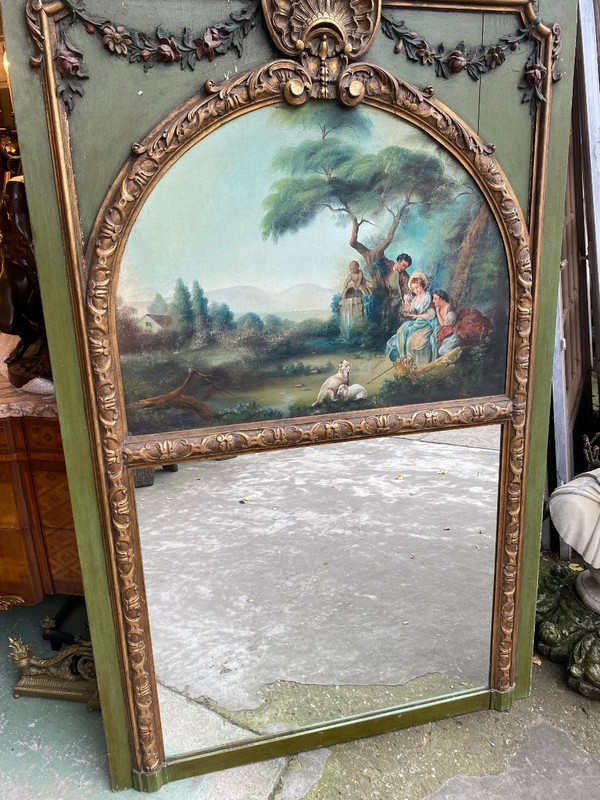 Trumeau De Style Louis XVI Laqué Vert Et Doré, Late 19th century