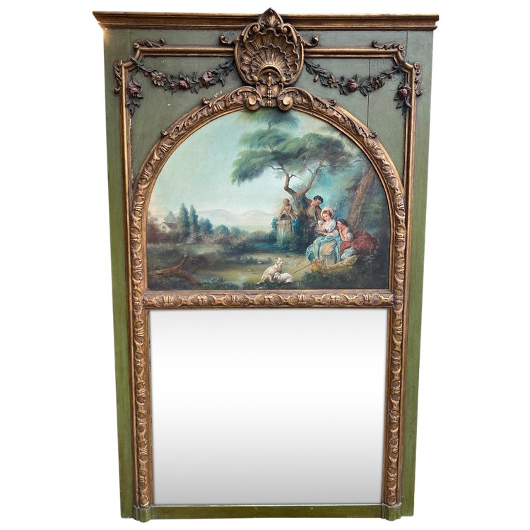 Trumeau De Style Louis XVI Laqué Vert Et Doré, Late 19th century