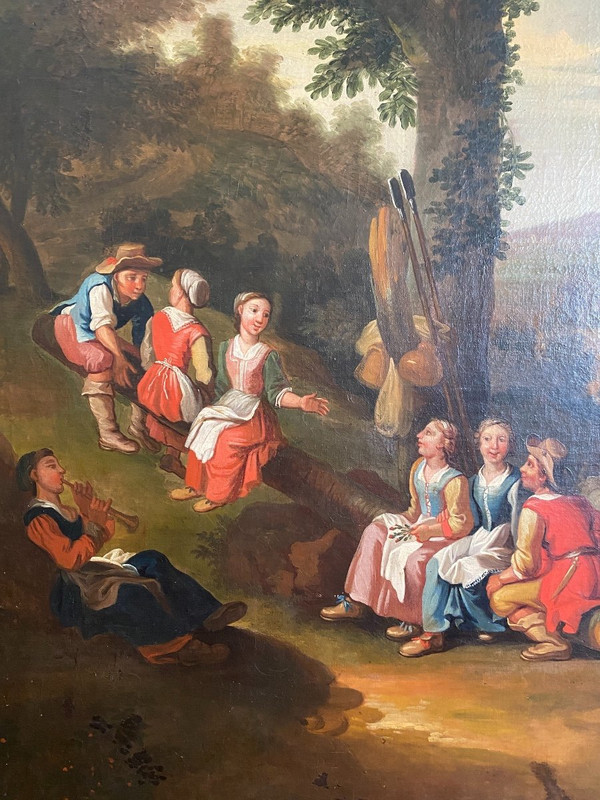 Grande olio su tela, scena di campagna, scuola olandese del XVIII secolo